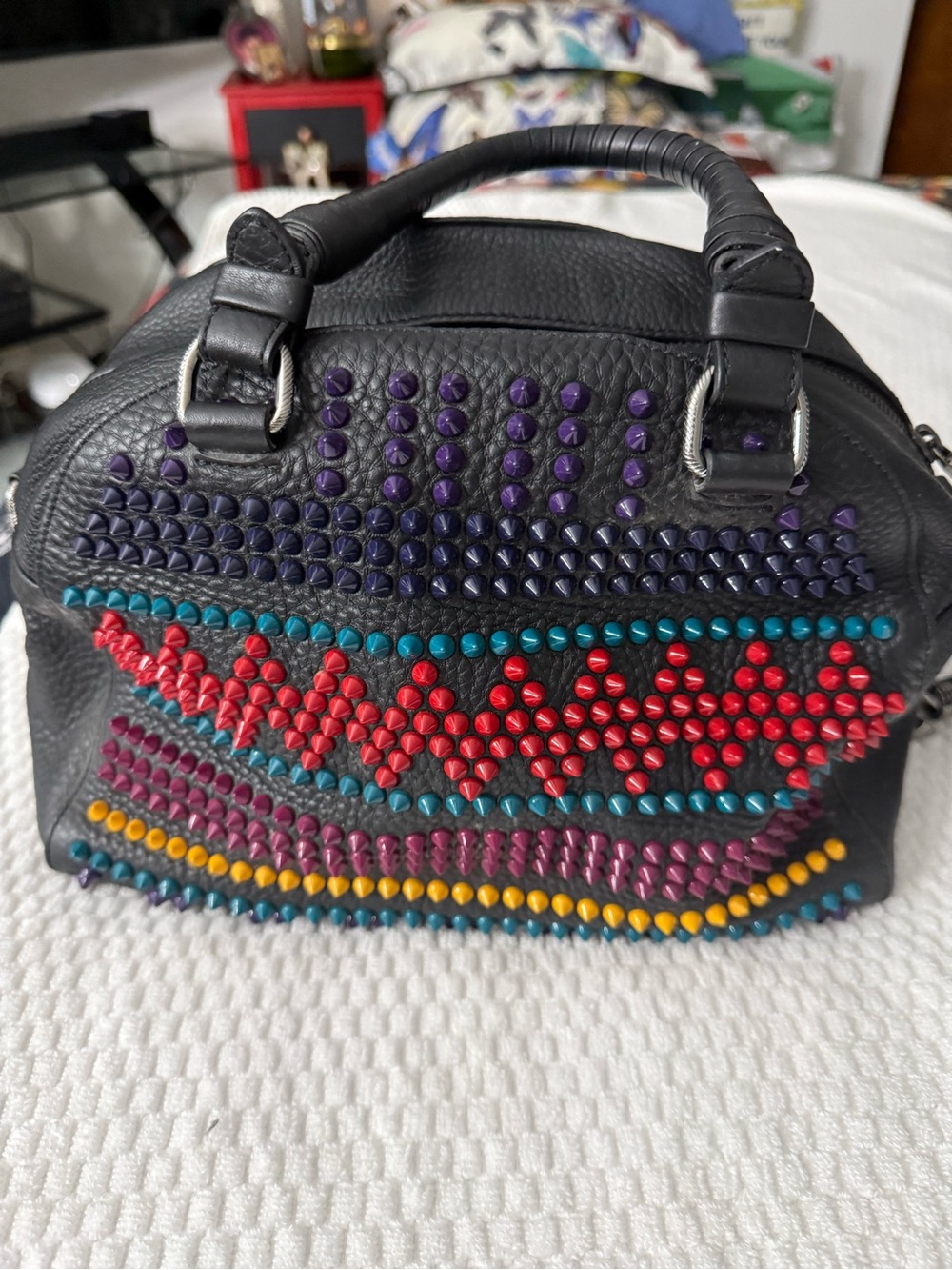 Christian Louboutin Black Dome Satchel with Multicolor Studs - Picture 3 of 7